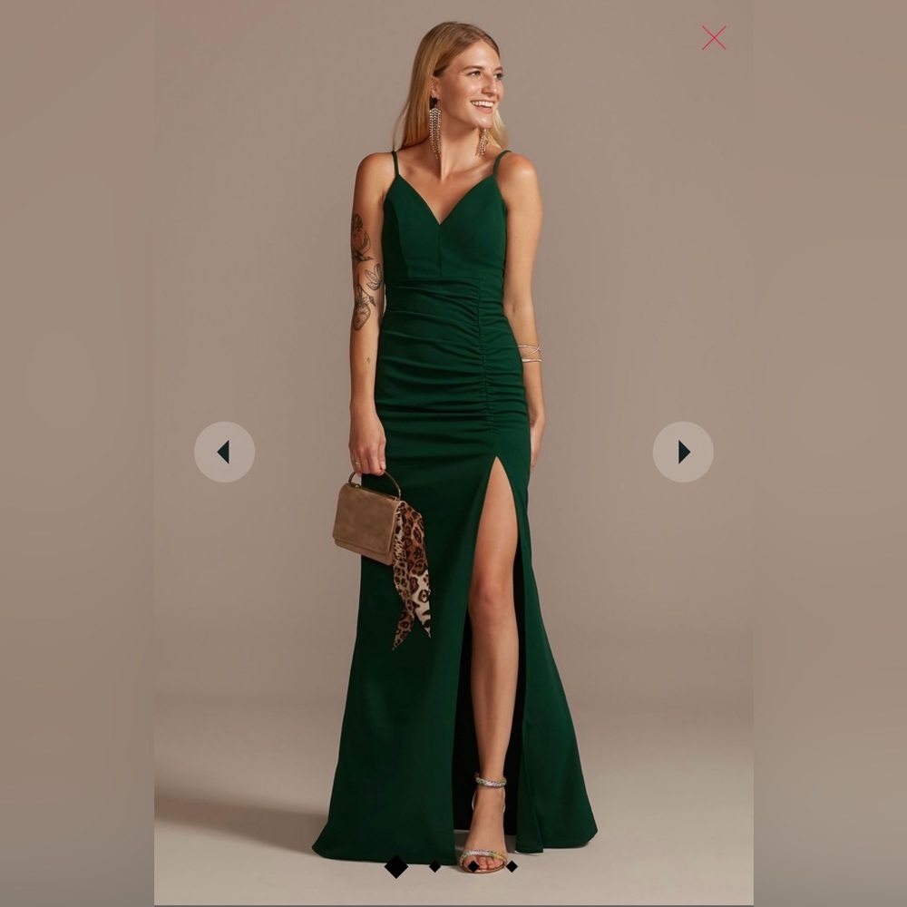 David’s Bridal Crepe Spaghetti Strap Gown with Ruching